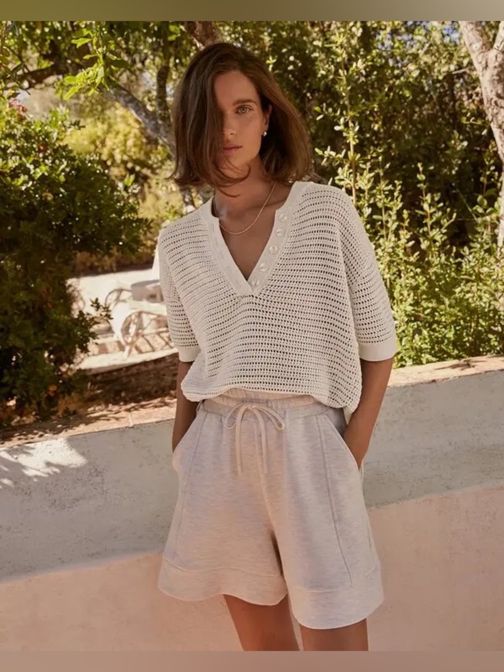 Varley Callie Knit Top Egret Off White Cotton Mesh Boxy Oversized XXS/XS